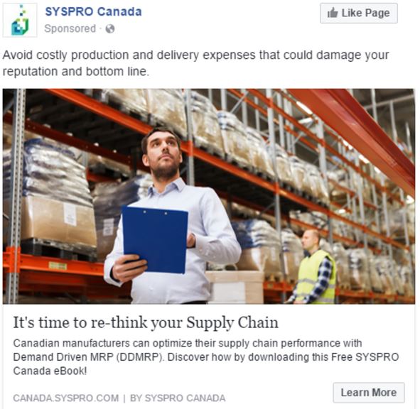 A third Facebook PPC ad for SYSPRO, with an alternative image and copy.
