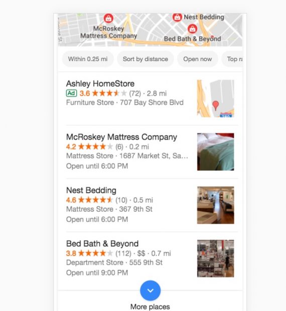 When searching "bedding near me," Bed, Bath & Beyond ranks third because two competitors have closer locations.