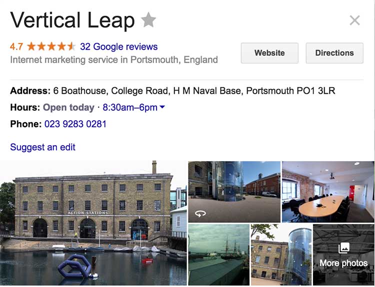 Vertical Leaps Portsmouth office has a Google My Business listing